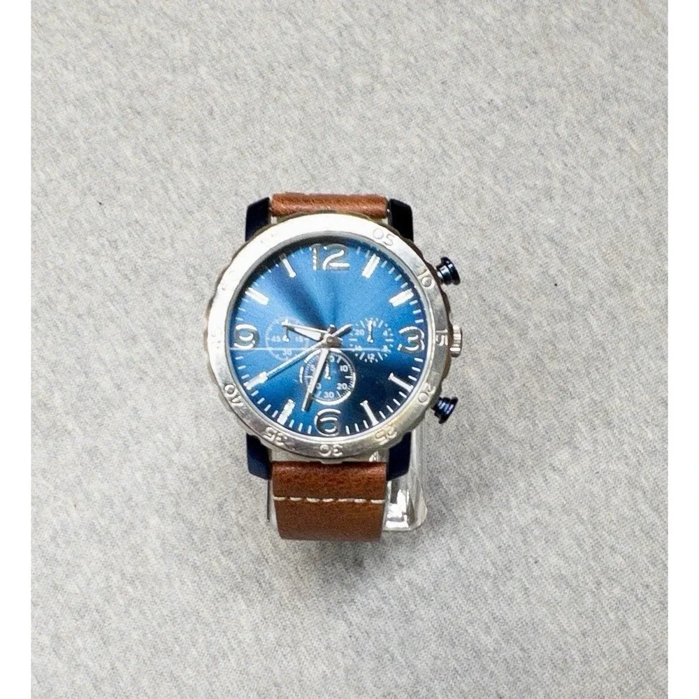 Folio 46mm Blue Silver Tone Watch Brown Leather Band New Battery‎ Chrono Style